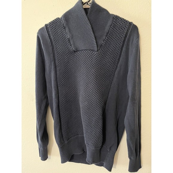 H&M LOGG Knit Sweater Mens Medium Navy Blue Shawl Collar Preppy - Picture 1 of 5